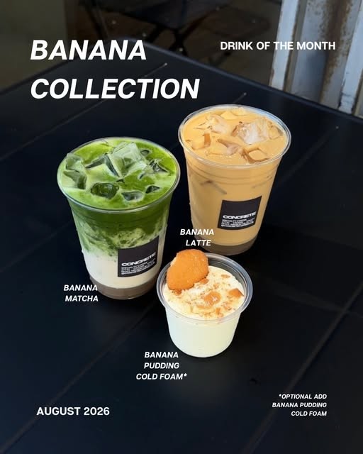 The banana collection: banana matcha, banana latte and banana pudding cold foam