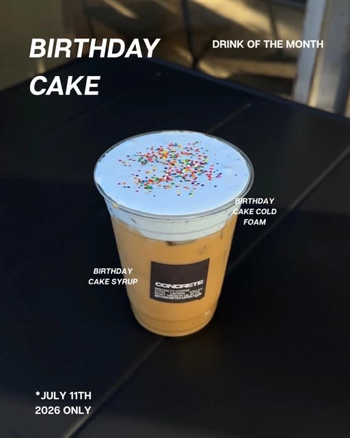 The birthday cake latte, drink of the month for July 2026