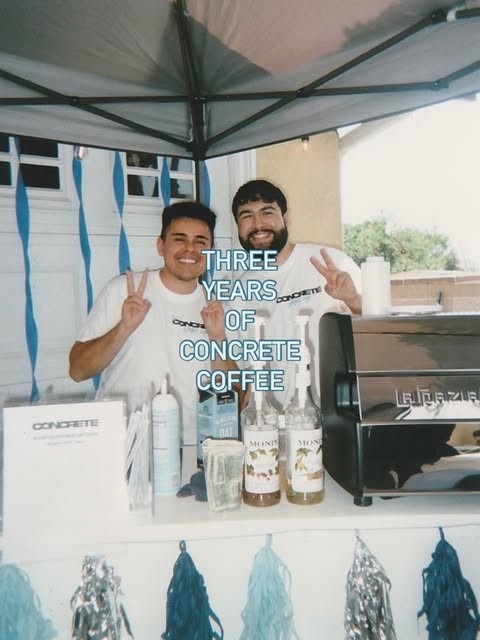 The Concrete Coffee cart under a canopy, espresso machine and syrup bottles on the counter, captioned "Three years of Concrete Coffee"